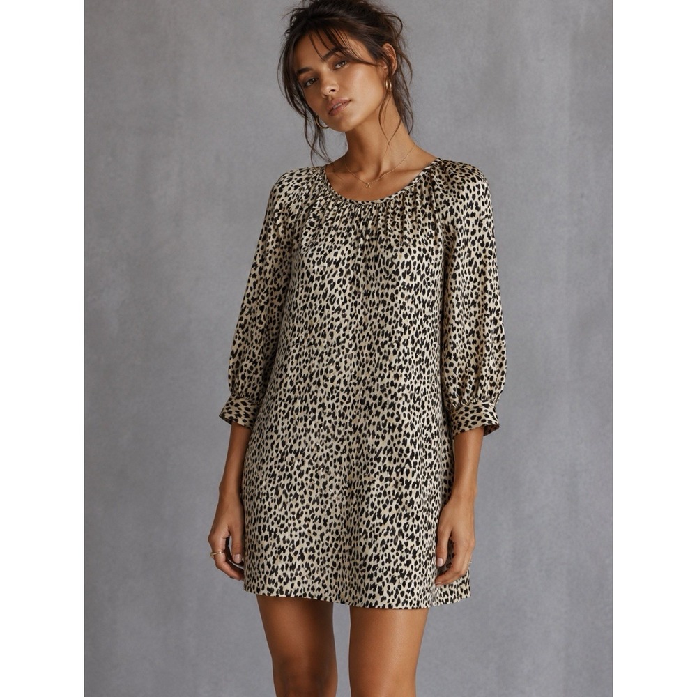 Cynthia Rowley Silk Puff Sleeve Leopard Animal Print Shift Dress Women's Size 2